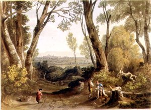 Hereford, Dynedor Hillistä, kaiverrus Theodore H. A. Fielding (1781-1851), pub. elokuvassa "Picturesque Views of the River Wye" tekijältä A.V. Copley (after) Fielding