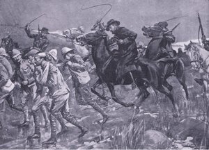 De Wetsin kohtelu brittiläisten sotavankien marssilla, kuvitus teoksesta Pretorian jälkeen: sissisota, 1902.