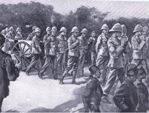 Buurivangin hautajaiset Simonstownissa sotilaallisin kunnianosoituksin, teoksesta After Pretoria: The Guerilla War, jonka on julkaissut Harmsworth Bros Limited, 1901.