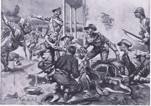 Hyökkäys Hamel Fonteinin maatilalle, teoksesta After Pretoria: The Guerilla War, jonka on julkaissut Harmsworth Bros Limited, 1901.