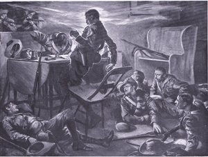 Kahden Comptonsin hevosen miehen tappaminen heidän kirjoittaessaan kirjeitä kotiin, kuvitus teoksesta Pretorian jälkeen: sissisota, 1902.