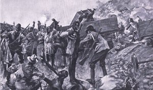 Junan romuttaminen Taaiboschin lähellä, teoksesta After Pretoria: The Guerilla War, jonka on julkaissut Harmsworth Bros Limited, 1901.