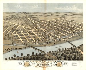 Lintuperspektiivistä Attican kaupunki, Fountain County, Indiana 1869. LOC 73693378 tekijältä A.; Chicago Lithographing Co. Ruger