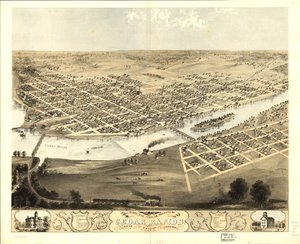 Cedar Rapidsin kaupungin ja Kingstonin (Linn Co., Iowa 1868) näkymä lintuperspektiivistä. LOC 73693391 tekijältä A.; Chicago Lithographing Co. Ruger