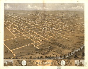 Decaturin kaupunki lintuperspektiivistä, Macon Co., Illinois 1869. LOC 73693354