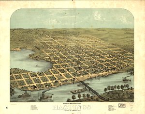Hastingsin kaupunki lintuperspektiivistä, Dakota Co., Minnesota 1867. LOC 73693453