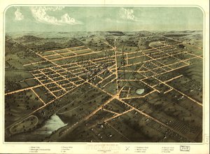 Hillsdalen kaupungin lintuperspektiivi, Hillsdale Co., Mich. 1866. LOC 73693429 tekijältä A.; Chicago Lithographing Co. Ruger
