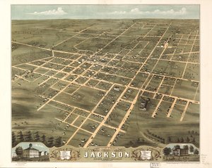 Lintuperspektiivistä Jacksonin kaupunki, Madisonin piirikunta, Tennessee 1870. LOC 73694528