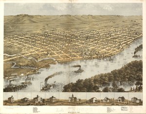 La Crossen kaupungin lintuperspektiivistä, Wisconsin 1867. LOC 73694545 tekijältä A.; Chicago Lithographing Co. Ruger