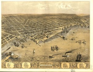 Lintuperspektiivistä Muskegonin kaupunki, Muskegon Co., Michigan 1868.