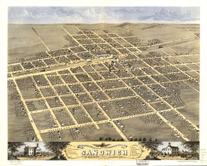 Sandwichin kaupunki lintuperspektiivistä, De Kalb County, Illinois 1869. LOC 73693372 tekijältä A.; Chicago Lithographing Co. Ruger