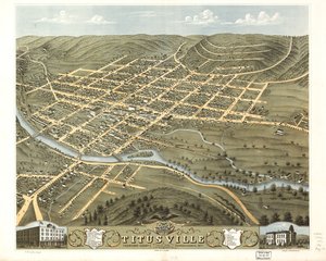 Titusvillen kaupungin lintuperspektiivi, Crawfordin piirikunta, Pennsylvania 1871. LOC 73694524 tekijältä A.; Chicago Lithographing Co. Ruger
