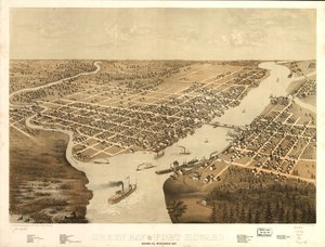 Green Bay ja Fort Howard, Brown Co., Wisconsin 1867. LOC 73694541 tekijältä A.; Chicago Lithographing Co. Ruger