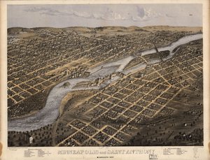 Minneapolis ja Saint Anthony, Minnesota 1867. LOC 73693455 tekijältä A.; Chicago Lithographing Co. Ruger