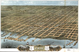 Lintuperspektiivistä Erien kaupunkiin, Erien piirikunnassa, Pennsylvaniassa 1870. tekijältä A. Chicago Lithographing Co. Ruger and Stoner Ruger