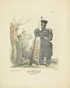 Kylki marssiasussa, 1820-1825 hollantilainen jalkaväki. Flankeur Marsch -puku (nimi esineessä) Alankomaiden kuningaskunnan sotilasasut. Omistettu Hänen ylhäisyydelleen Willem van Bylandtille (sarjan nimi esineellä)