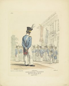 Muusikko täydessä univormussa Täyspukuinen muusikko, 1820-1825 Nederlandsche Infanterie Musikant upeassa univormussa (nimi esineessä) Alankomaiden kuningaskunnan sotilasasut. Omistettu Hänen korkeutensa Willem van Bylandtille (sarjan nimi obj