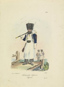 Sappeur, 1820-1825 hollantilainen jalkaväki. sapeur (otsikko esineessä) Alankomaiden kuningaskunnan sotilasasut. Omistettu Hänen ylhäisyydelleen Willem van Bylandtille (esineessä sarjan nimi)