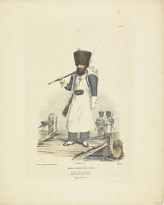Sappeur upeassa univormussa, 1820-1825 hollantilainen jalkaväki. Sapeur isossa asussa (otsikko esineessä) Alankomaiden kuningaskunnan sotilasasut. Omistettu Hänen ylhäisyydelleen Willem van Bylandtille (sarjan nimi esineellä)
