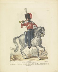 Trumpetisti täydessä univormussa Trumpetisti upeassa univormussa, 1820-1825 Hollannin ratsuväki. Ligte Dragoonsin trumpetisti. isossa asussa (otsikko esineessä) Alankomaiden kuningaskunnan sotilasasut. Omistettu Hänen ylhäisyydelleen William of B