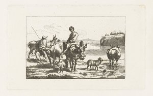 Maisema paimentar muulin päällä ja paimen lehmien kanssa tekijältä A. Dickhof (signed by artist)