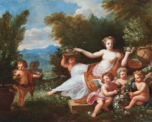 Flora makaa maisemassa, jossa putti tuo kukkia. (öljy kankaalle) tekijältä A. Diennen