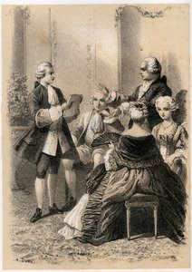 Antoine-Marin Lemierre lukee Hypermnestraa Jean-Baptiste Vivien de Chateaubrunille, kuvitus teoksesta "Illustrations litteraires de la France tai anekdoottinen galleria tärkeimmistä kirjailijoistamme, jotka on maalattu heidän teoillaan ja kirjoituksellaan"