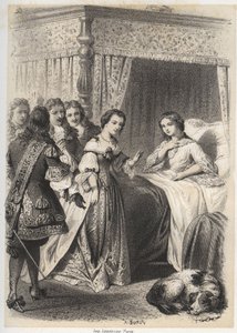 Madame Deshoulieres, Antoinette Ligier de La garde (1637-1694) oli seurueensa täynnä kysymyksiä haamujen pelossa vietetyn yön jälkeen. Kaiverrus A. Duruy kirjassa "" Illustrations litteraires de la France; tai Galerie alecdotique de nos pr