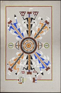 Piirustukset, jotka kuvaavat Chippewa-intiaanien "lääkemiehen" "Caduncen" hautauspaikkaa, navajo-hiekkamaalausta ja variskivimaalauksia tekijältä A. Grossman