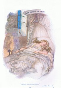 Imogen oli nukahtanut (Cymbeline), Tales from Shakespeare -pubista. kirjoittanut Ward Lock & Co Ltd