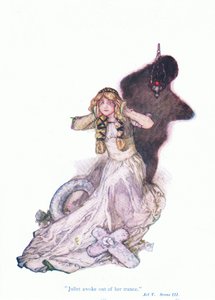 Julia heräsi välinpitämättömyydestä (Romeo ja Julia), Tales from Shakespeare -pubista. kirjoittanut Ward Lock & Co Ltd tekijältä A. Jackson