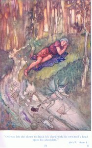 Oberon jätti klovnin lopettaakseen unensa tyhmän pää harteillaan (kesäyön unelma), Tales from Shakespeare -pubista. kirjoittanut Ward Lock & Co Ltd tekijältä A. Jackson