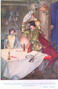 Petruchio teeskenteli löytävänsä virheen jokaisesta ruoasta, ja heitti lihan lattialle (Ting ofthe Shrew), Tales from Shakespeare -pubista. kirjoittanut Ward Lock & Co Ltd tekijältä A. Jackson
