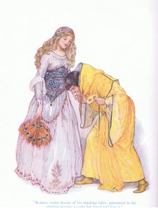 Romeo naamiointitapansa suosiossa luuli lempeimmällä tavalla ottavan häntä kädestä ja suudella sitä (Romeo ja Julia), Tales from Shakespeare -pubista. kirjoittanut Ward Lock & Co Ltd