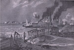 Itävaltalais-Unkarin torpedohävittäjät tuhosivat telakan Barissa (Italia), pubista The Illustrated History of the World War 1914-1915. kirjoittanut Union Berlagsefellfchaft tekijältä A. Kircher