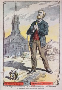 Karikatyyri katolisesta Le Pelerin-lehdestä, jossa viitataan Ranskan hallituksen laicisointipolitiikkaan 1900-luvun alussa, n. 1902-05