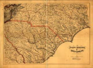 633 600. LC Civil War Maps (2. painos), 305a.4 Yleinen kartta. Kartan tekemisessä käytetyt auktoriteetit on lueteltu otsikon alla. Osavaltioiden nimet, rajat ja rautatiet on painettu punaisella päälle. Kuvaus peräisin julkaistusta bibliografiasta. Saatavan tekijältä A. Lindenkohl