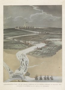 Brittiläinen retkikunta Antwerpeniin, 1809 Suuren retkikunnan maalauksellinen suunnitelma Länsi-Scheldtillä elokuussa 1809, joka osoittaa Antwerpenin lähestymisen vaikeuden (otsikko esineessä)