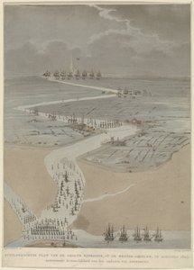 Lintuperspektiivistä Länsi-Scheldtille englantilaisten, hollantilaisten ja ranskalaisten laivastojen kanssa, 1809 Suuren retkikunnan maalauksellinen suunnitelma Länsi-Scheldtillä elokuussa 1809 (otsikko esineessä)