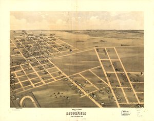 Brookfield, Linn Co., Missouri 1869 lintuperspektiivistä. LOC 73693470