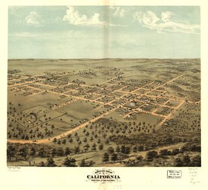 Kalifornian lintuperspektiivistä, Moniteau Co., Missouri 1869. LOC 73693471 tekijältä A. Ruger
