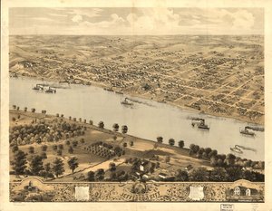 Jefferson City, Missourin pääkaupunki, lintuperspektiivistä 1869. LOC 73693479 tekijältä A. Ruger