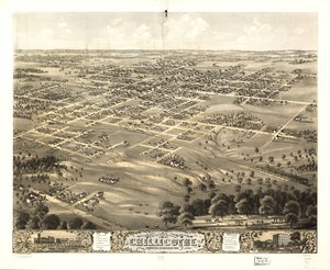Chillicothen kaupunki lintuperspektiivistä, Livingston Co., Missouri 1869. LOC 73693472 tekijältä A. Ruger