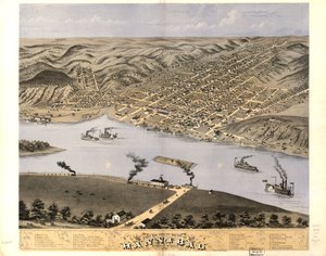 Hannibalin kaupunki lintuperspektiivistä, Marion Co., Missouri 1869. LOC 73693475