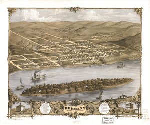 Hermannin kaupunki lintuperspektiivistä, Gasconade Co., Missouri 1869. LOC 73693476 tekijältä A. Ruger