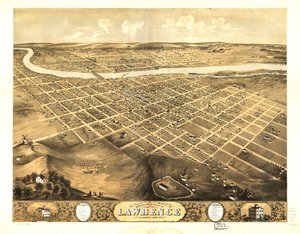 Lawrencen kaupunki lintuperspektiivistä, Kansas 1869. LOC 73693409