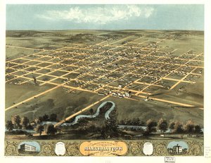 Marshalltownin kaupunki lintuperspektiivistä, Marshall Co., Iowa 1868. LOC 73693402 tekijältä A. Ruger
