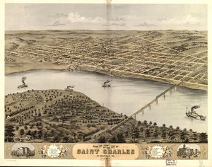 Saint Charlesin kaupunki lintuperspektiivistä, St. Charles Co., Missouri 1869. LOC 73693488 tekijältä A. Ruger