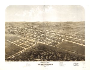 Warrensburgin kaupunki lintuperspektiivistä, Johnson Co., Missouri 1869. LOC 73693492 tekijältä A. Ruger