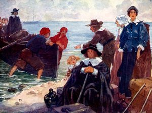 Joukko maanpakolaisia kiinnittyy kuorensa villiin New Englandin rannikolle, 1620, 1905. tekijältä A. S. Forrest